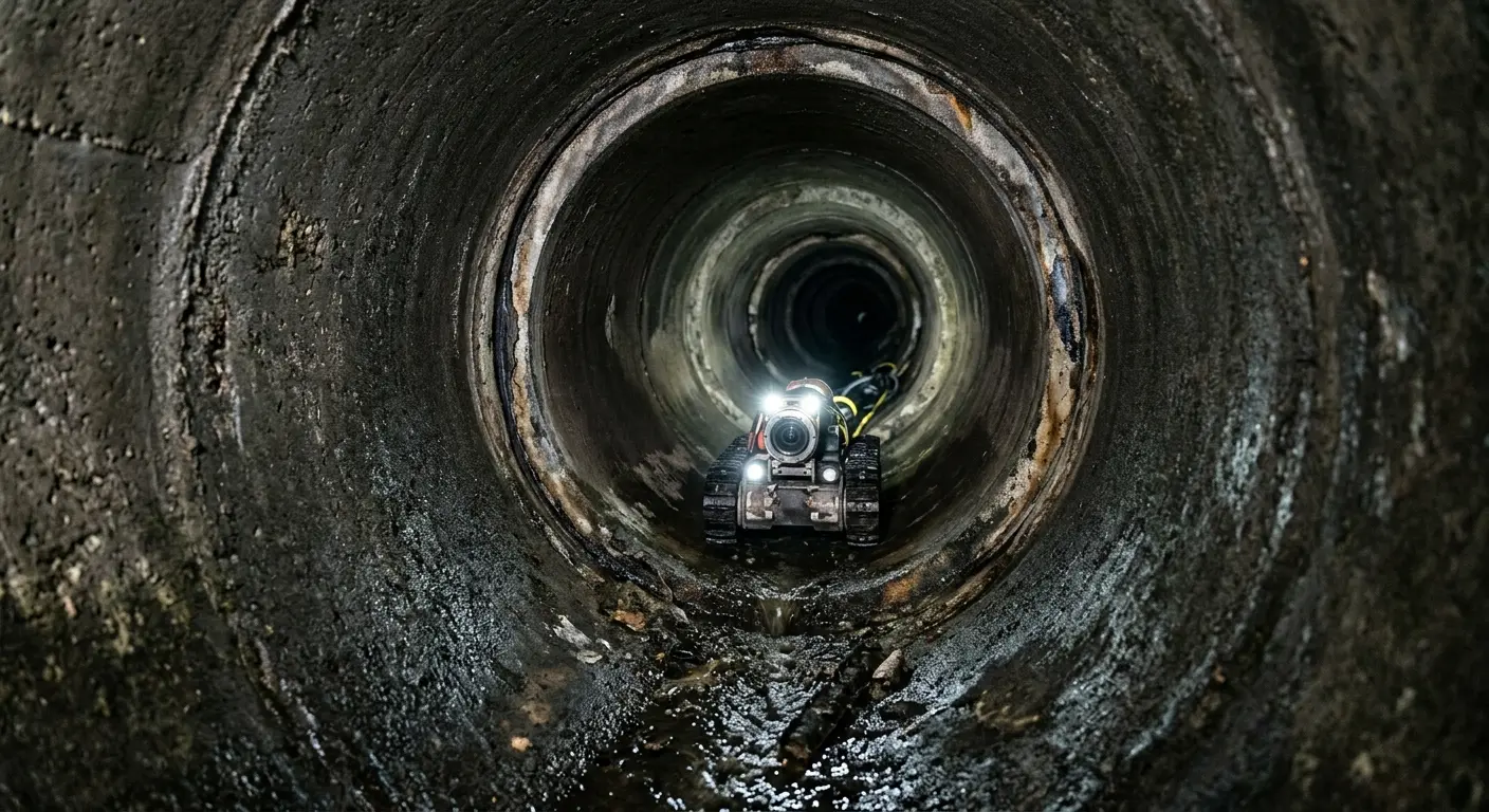 Robotic sewer camera inspecting pipe interior for Sewer Line Cleaning in The Woodlands