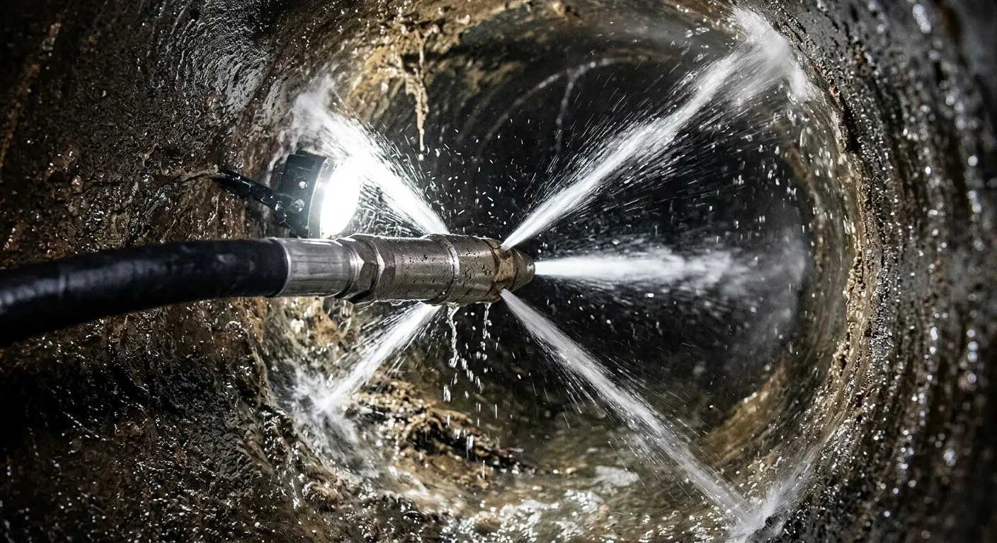 High-pressure hydro jetting nozzle cleaning sewer pipe for Sewer Cleanout in The Woodlands