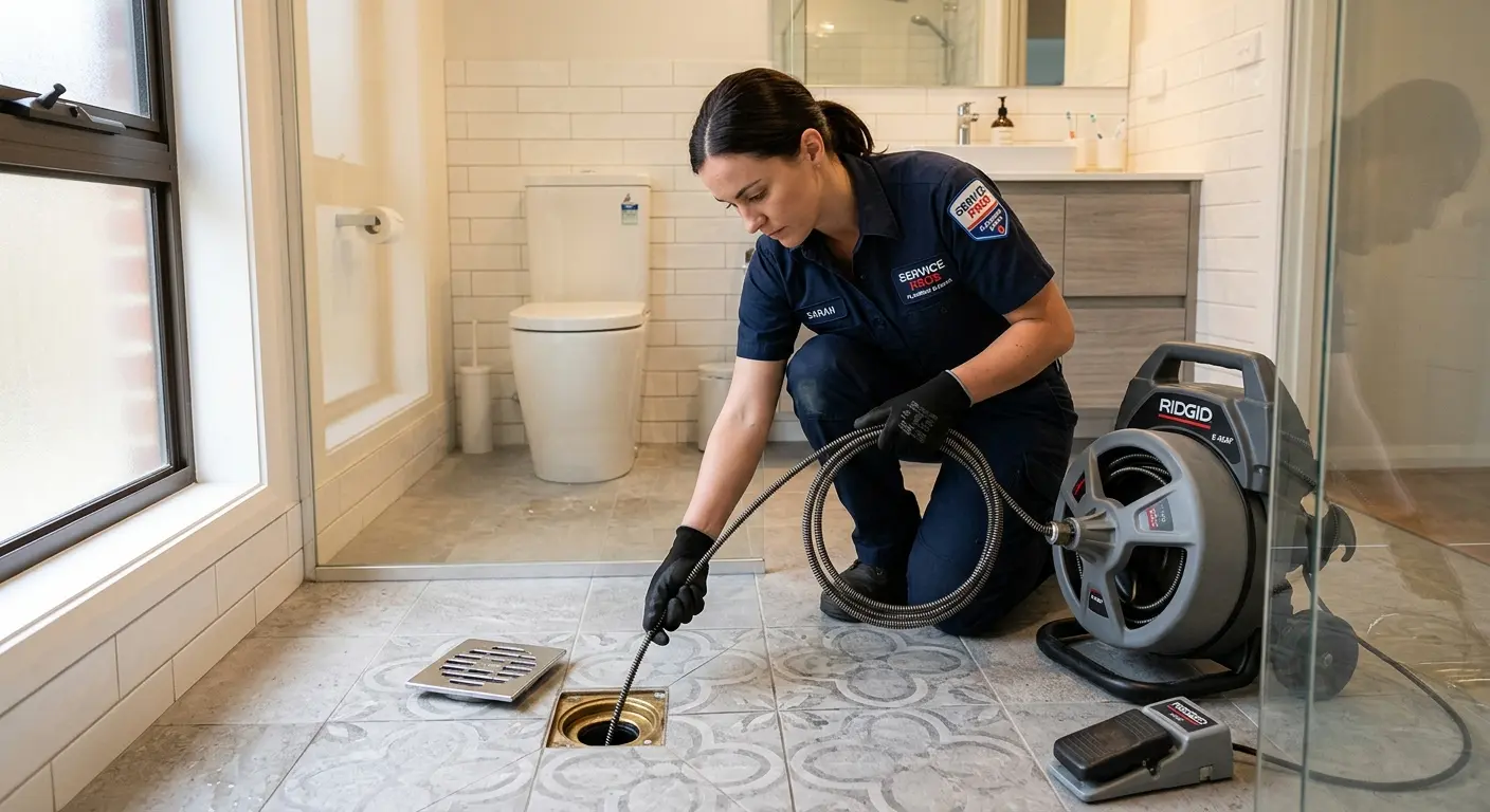 Technician clearing a bathroom floor drain for Drain Cleaning in The Woodlands